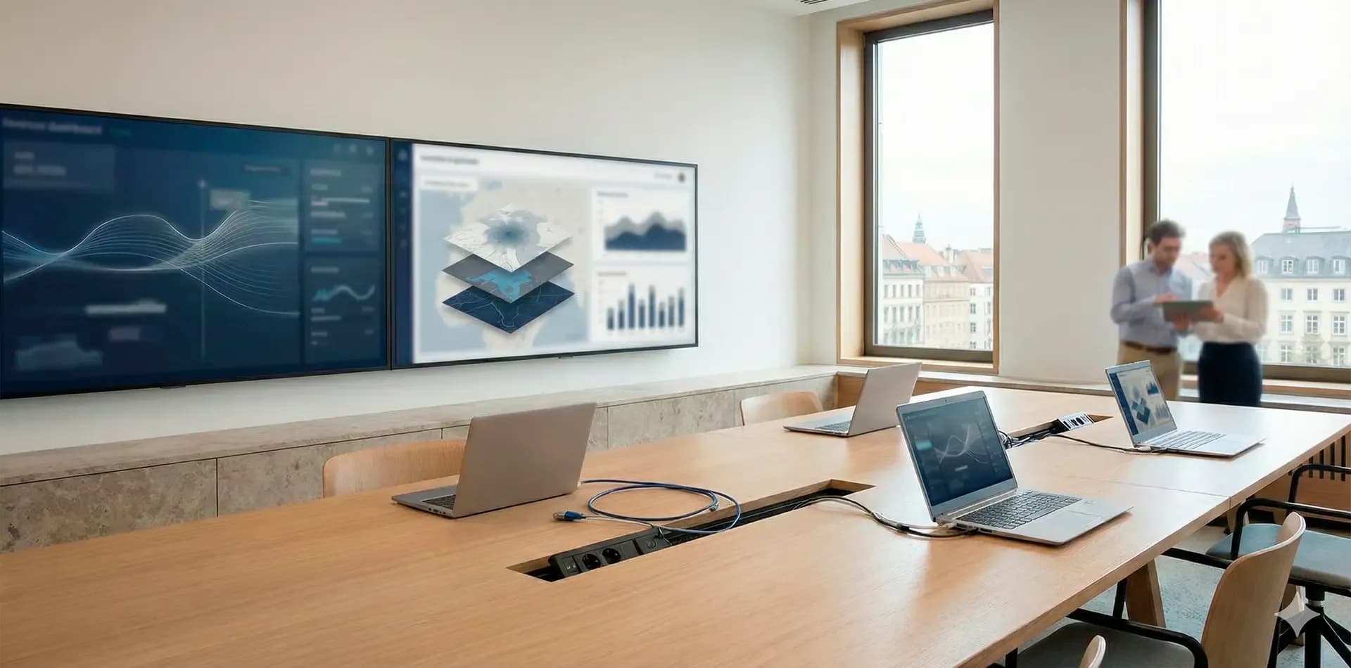 Sala de trabajo con pantallas de análisis de datos, mapas y gráficos, y equipo colaborando en la construcción y revisión de un observatorio turístico.