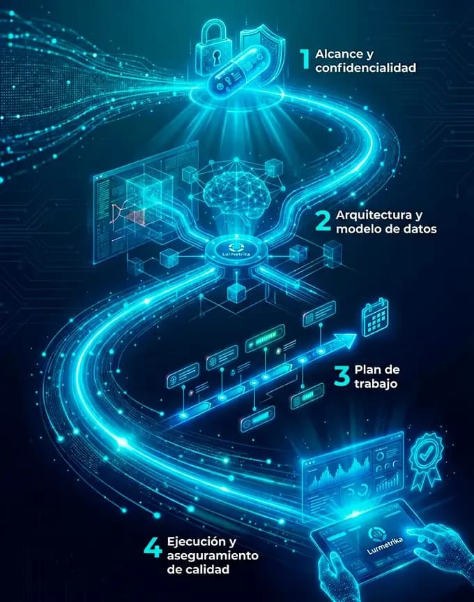 Representación visual del proceso metodológico de Lurmetrika basado en análisis de datos, flujos de información e inteligencia turística para la toma de decisiones públicas.