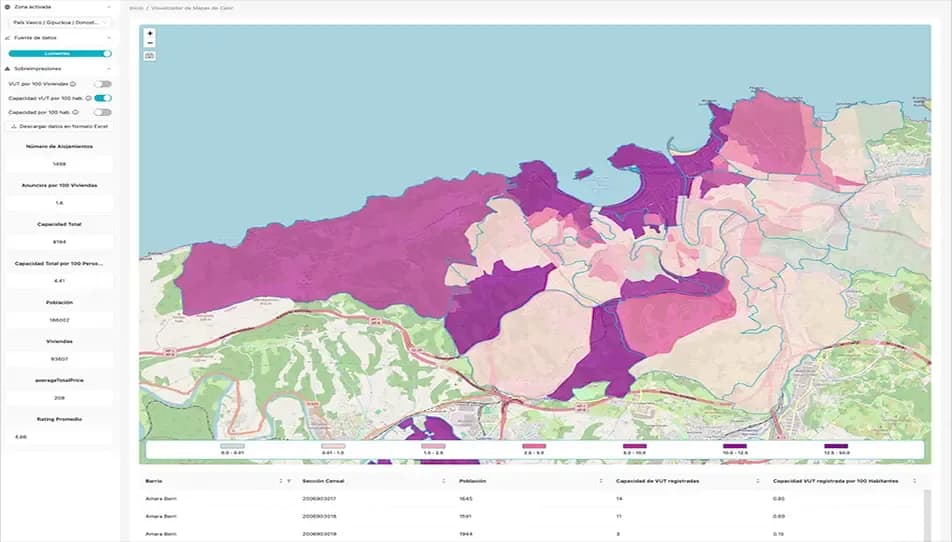 Mapa de calor que representa la intensidad de la oferta turística en diferentes áreas del territorio.