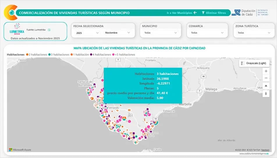 Mapa de calor de la distribución territorial de viviendas turísticas en la provincia de Cádiz.